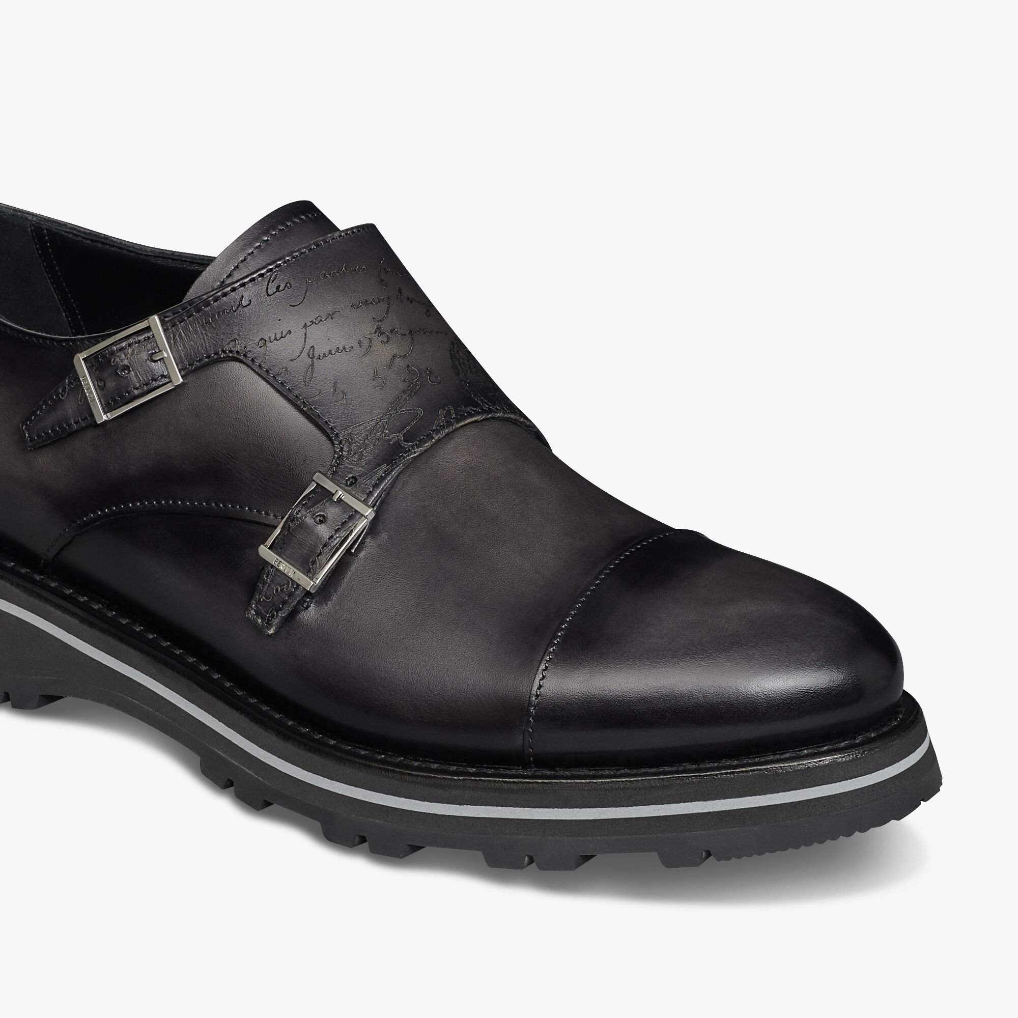 Alessio Padova Scritto Leather Double Monk Shoe, NERO GRIGIO, hi-res 5
