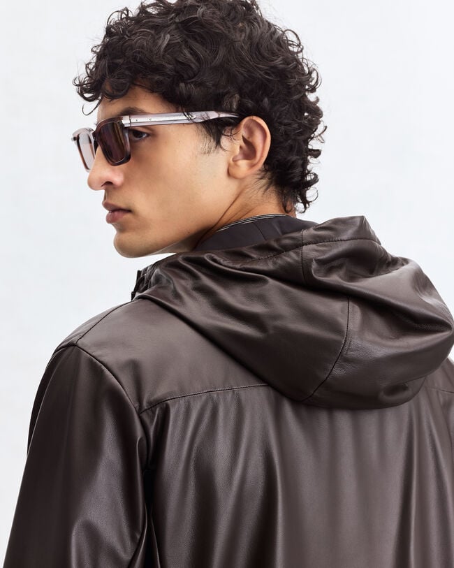 Blouson à Capuche en Cuir Fly Ultraléger, Chocolate Brown, hi-res