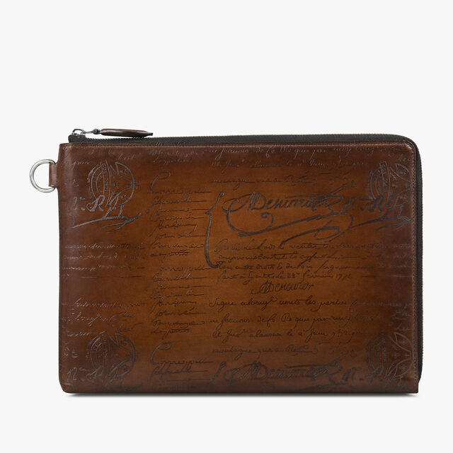 Pochette Nino Gm En Cuir Scritto, CACAO INTENSO, hi-res 1