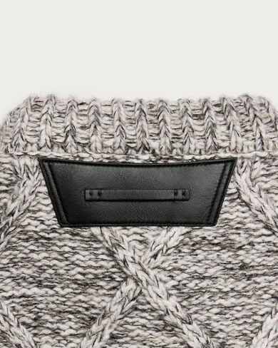 Marl Cables Cardigan with Leather Detail, Ecru & Noir, hi-res