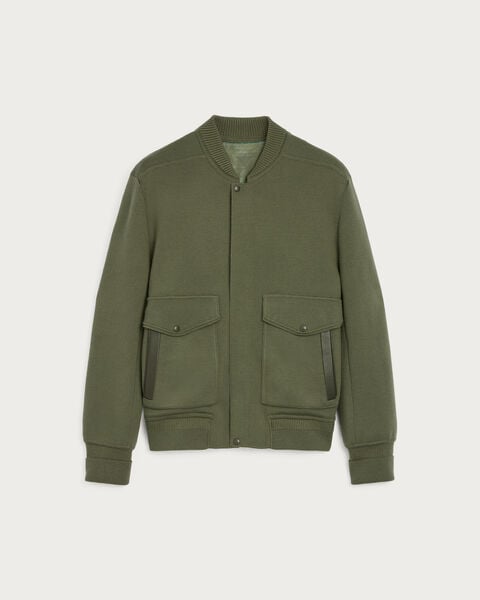 Aviator Knitted Blouson with Leather Details, Olive, hi-res