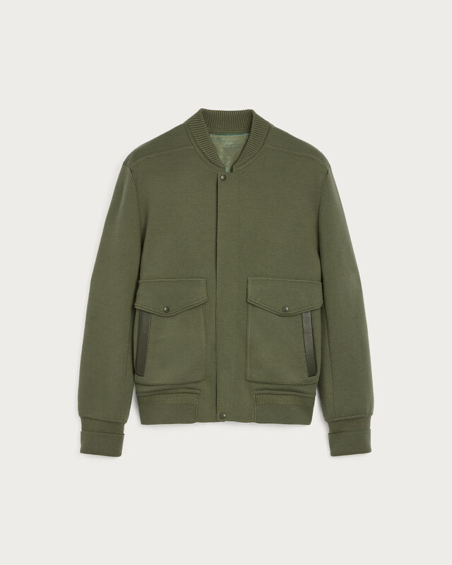 Blouson Aviateur en Maille avec D&eacute;tails en Cuir, Olive, hi-res