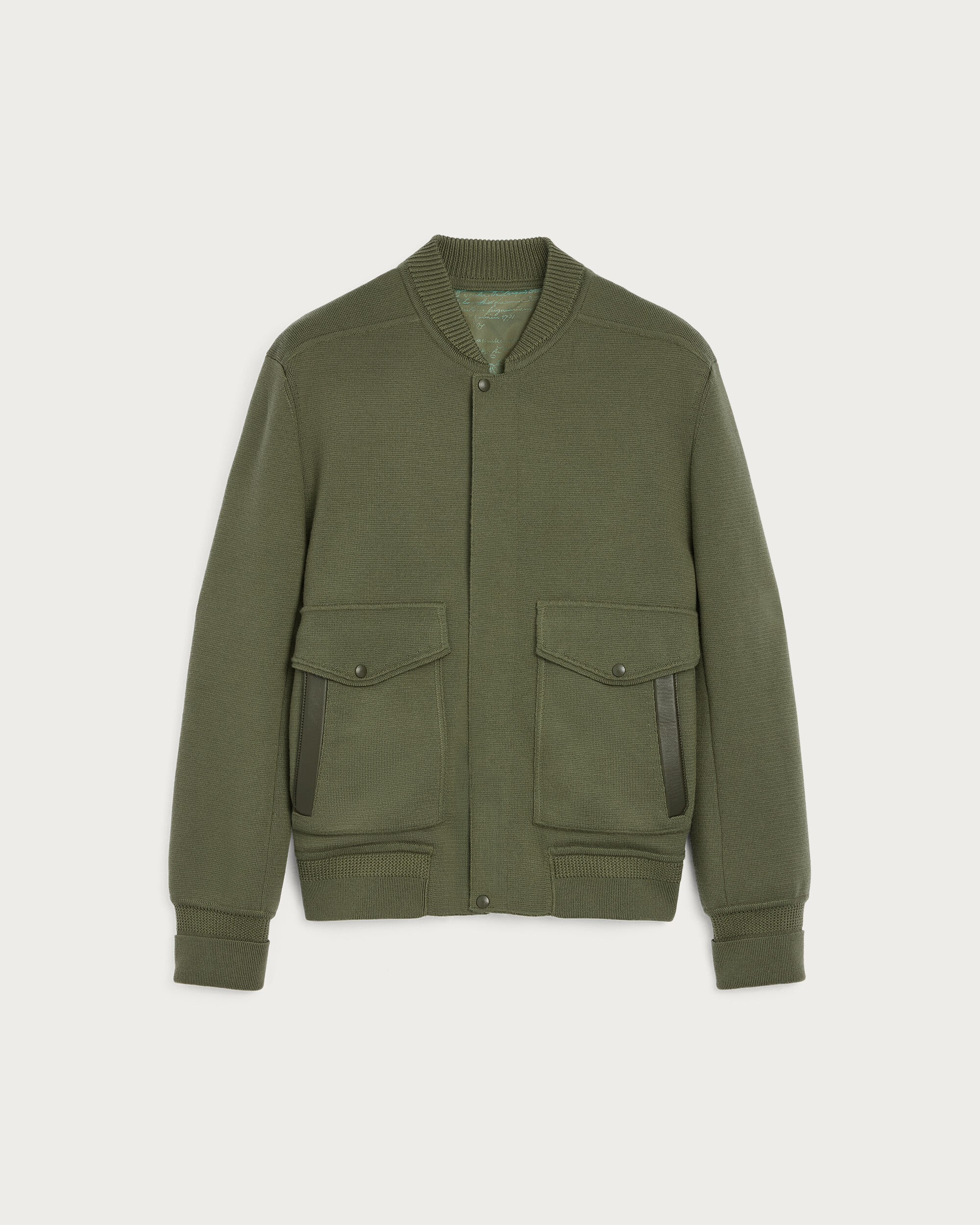 Blouson Aviateur en Maille avec D&eacute;tails en Cuir, Olive, hi-res