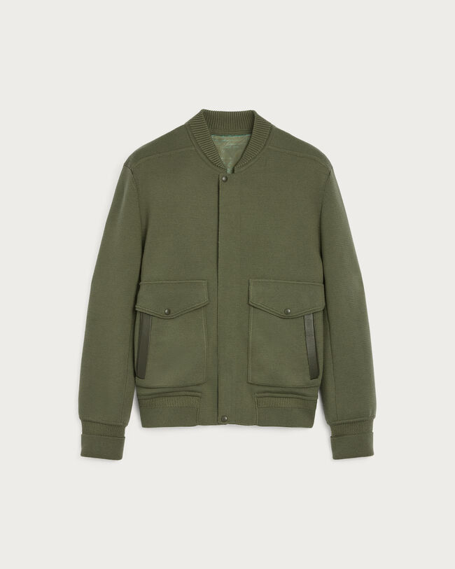 Blouson Aviateur en Maille avec D&eacute;tails en Cuir, Olive, hi-res