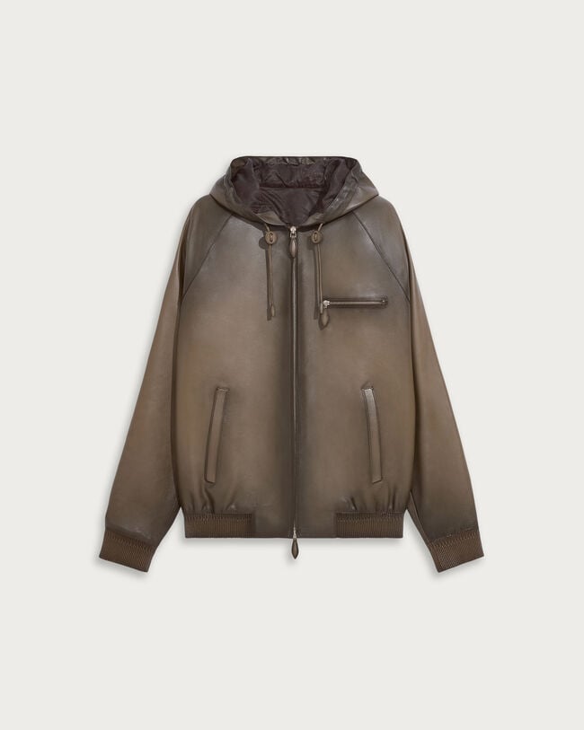 Leather Patina Un Jour Hooded Blouson, Dark Sepia, hi-res