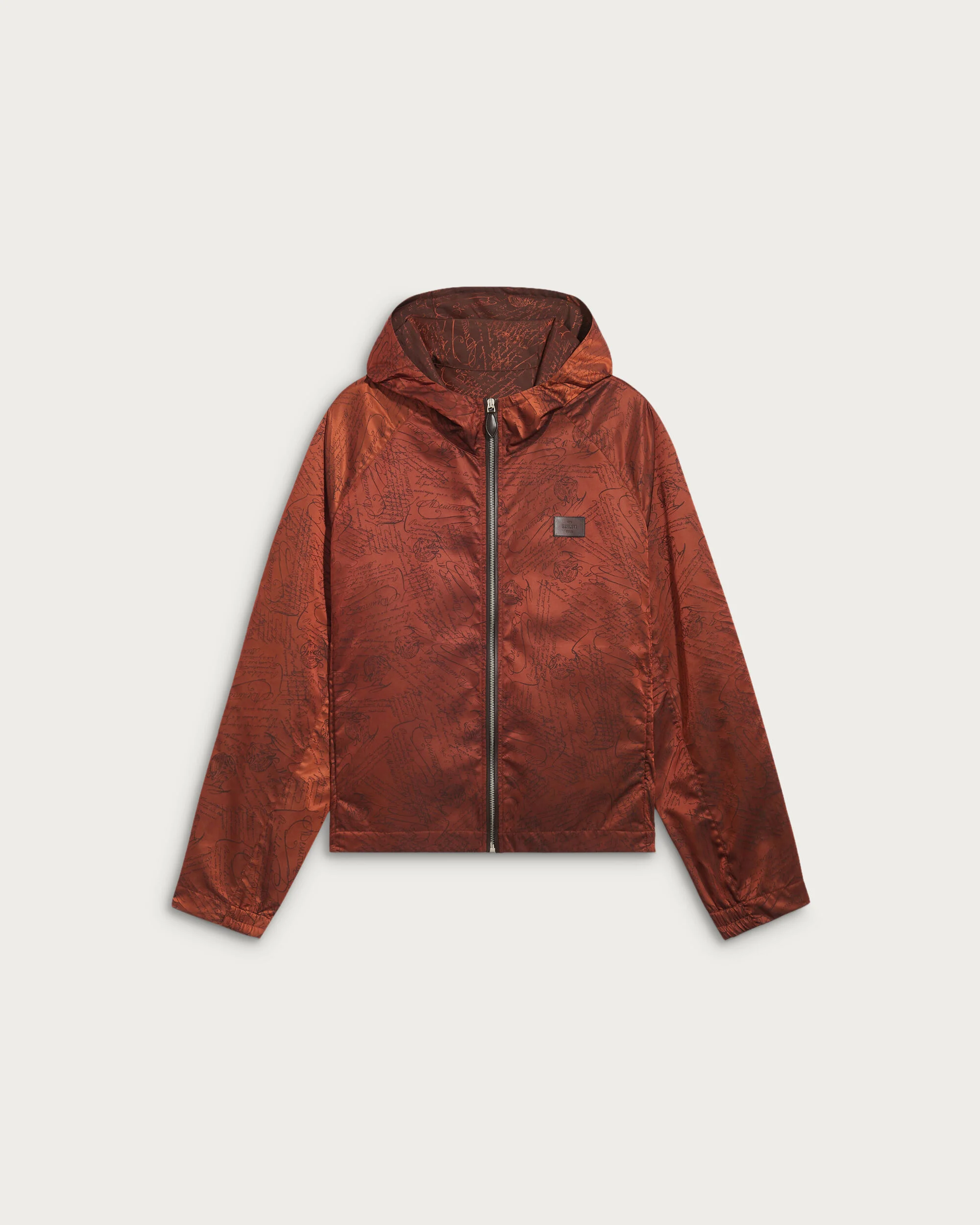 Scritto Pattern Hooded Blouson with Leather Details, Chestnut Brown, hi-res