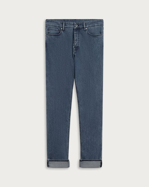 Straight Denim Pants with Leather Detail, Washed Blue, hi-res