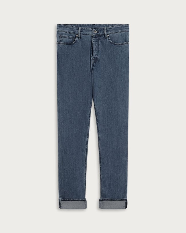 Straight Denim Pants with Leather Detail, Washed Blue, hi-res