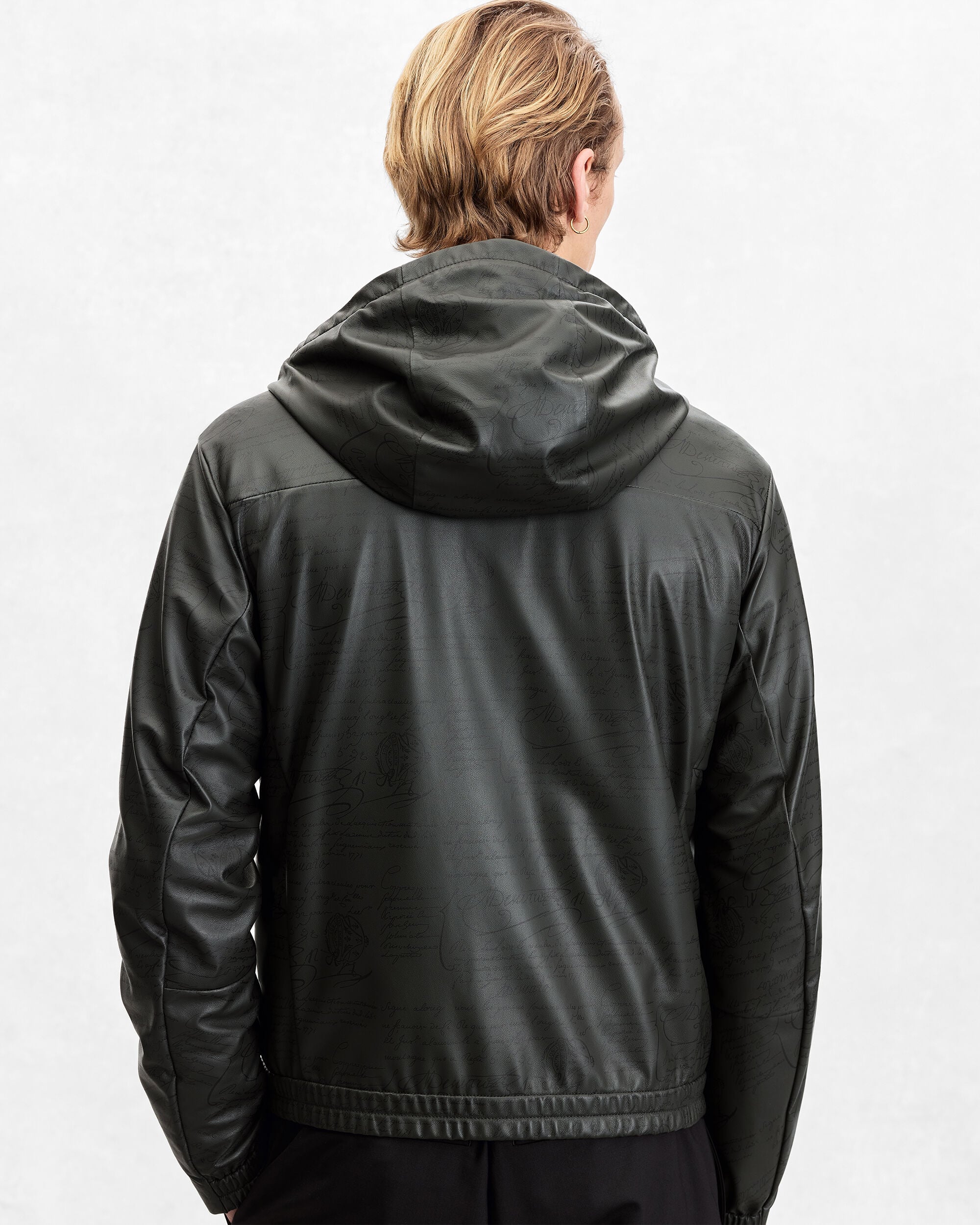Ultralight Fly Scritto Pattern Leather Hooded Blouson, Graphite, hi-res