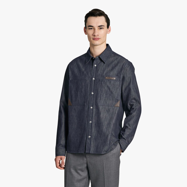 Cotton And Cashmere Denim Overshirt With Leather Details, DARK BLUE DENIM, hi-res 2