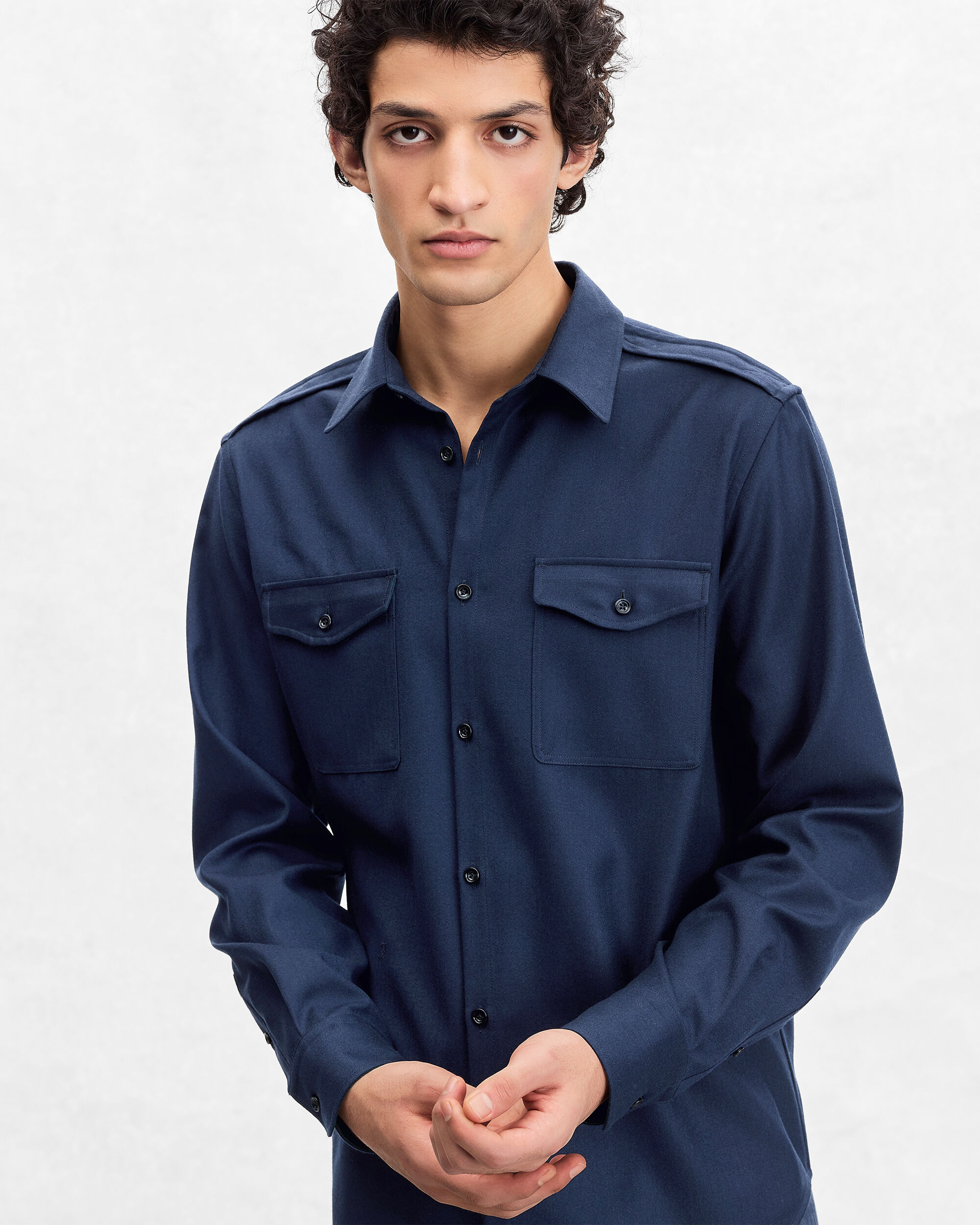 Aviator Shirt with B-Thabor Embroidery  and Leather Detail, Winter Blue & Valley Green, hi-res
