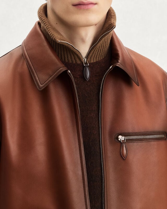 Blouson Un Jour en Cuir Patin&eacute;, Cacao Intenso, hi-res