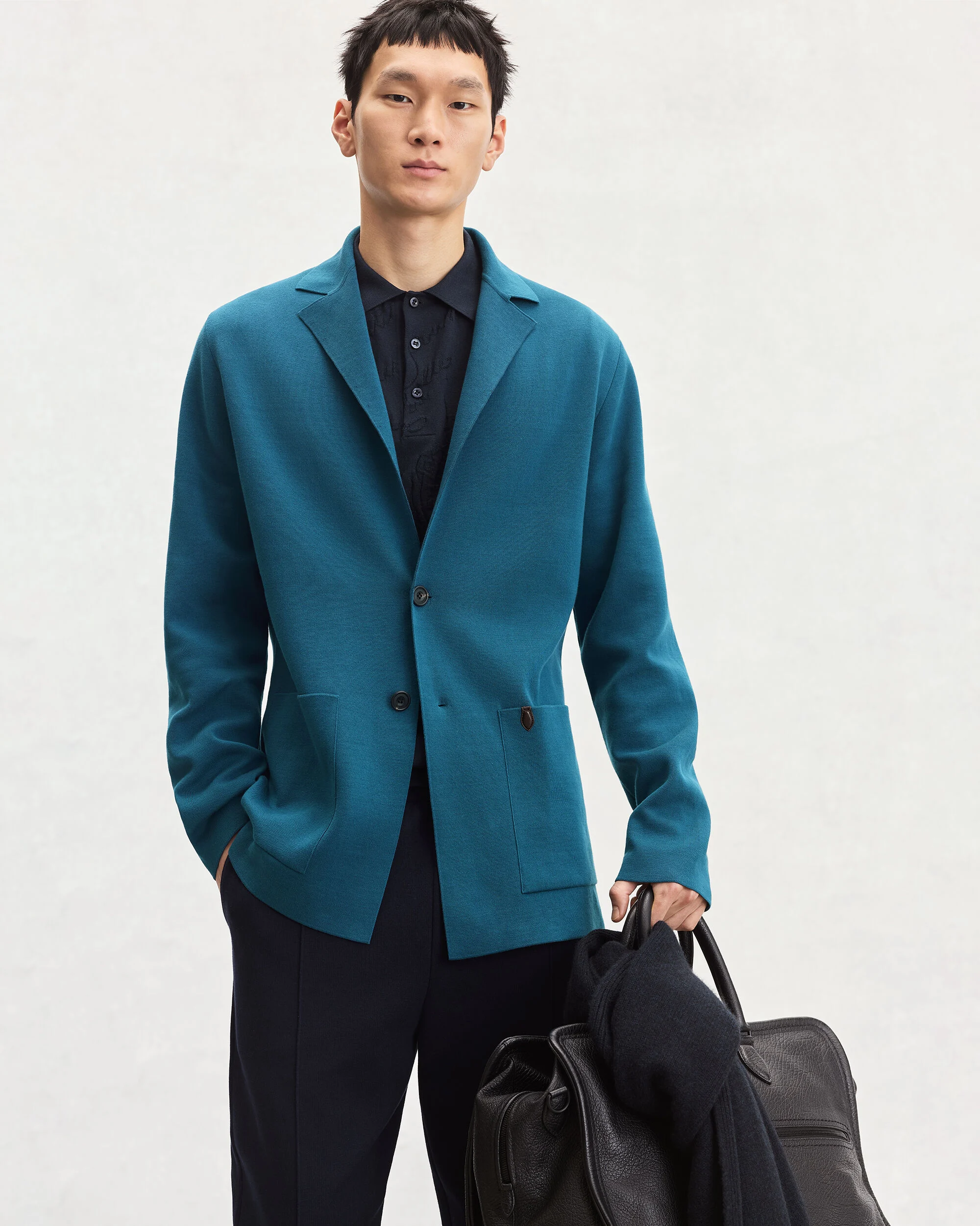 Double Face Knitted Jacket with Leather Detail, Nile Blue, hi-res