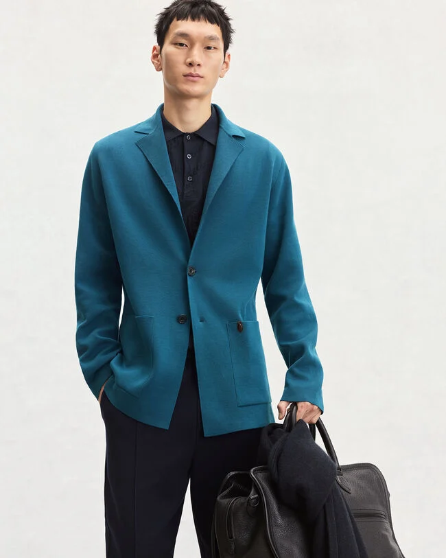Double Face Knitted Jacket with Leather Detail, Nile Blue, hi-res