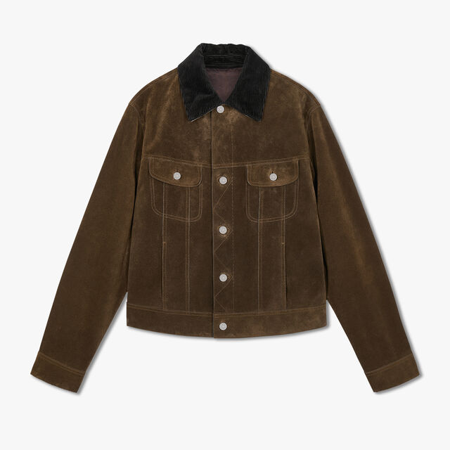 Suede Leather Denim Jacket With Corduroy Collar, WARM GREEN, hi-res 1