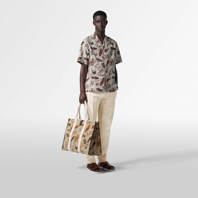 Linen And Cotton Printed Short Sleeves Shirt, ICONIC SUMMER BROWN, hi-res 4