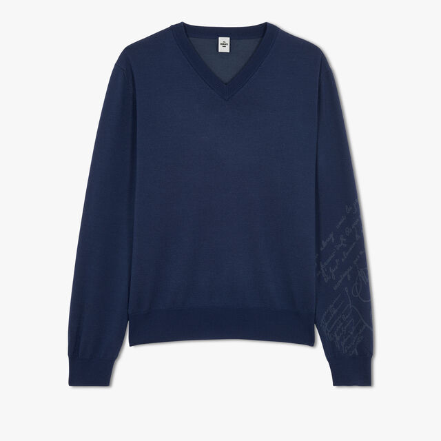 Wool V-Neck Sweater With Placed Scritto, WARM BLUE, hi-res 1