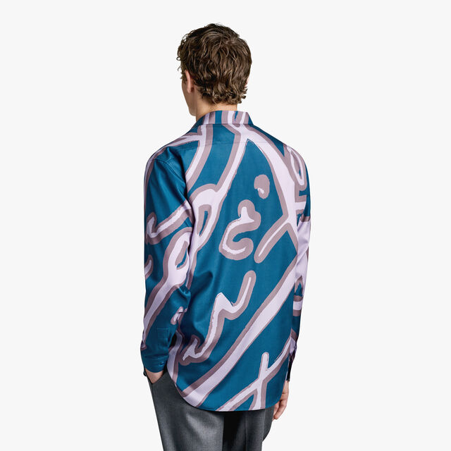 Silk Shirt With Giant Scritto Print, PRUSSIAN BLUE / PURPLISH GREY, hi-res 3