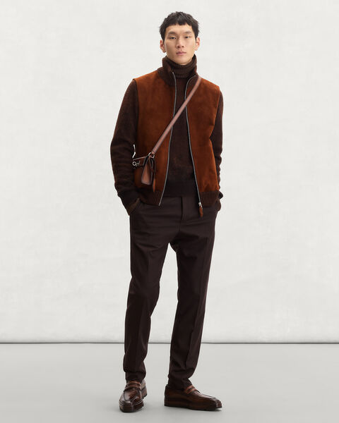 Gilet Mix Mati&egrave;re avec D&eacute;tails en Cuir, Chestnut, hi-res