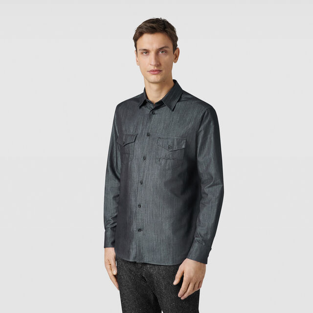 Cotton & Silk Denim Shirt, INDIGO, hi-res 3