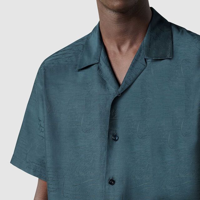 棉质真丝Scritto图纹短袖衬衫, NERO BLUE, hi-res 6