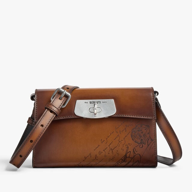 E'Mio Pouch On Strap In Scritto Leather, CACAO INTENSO, hi-res 1