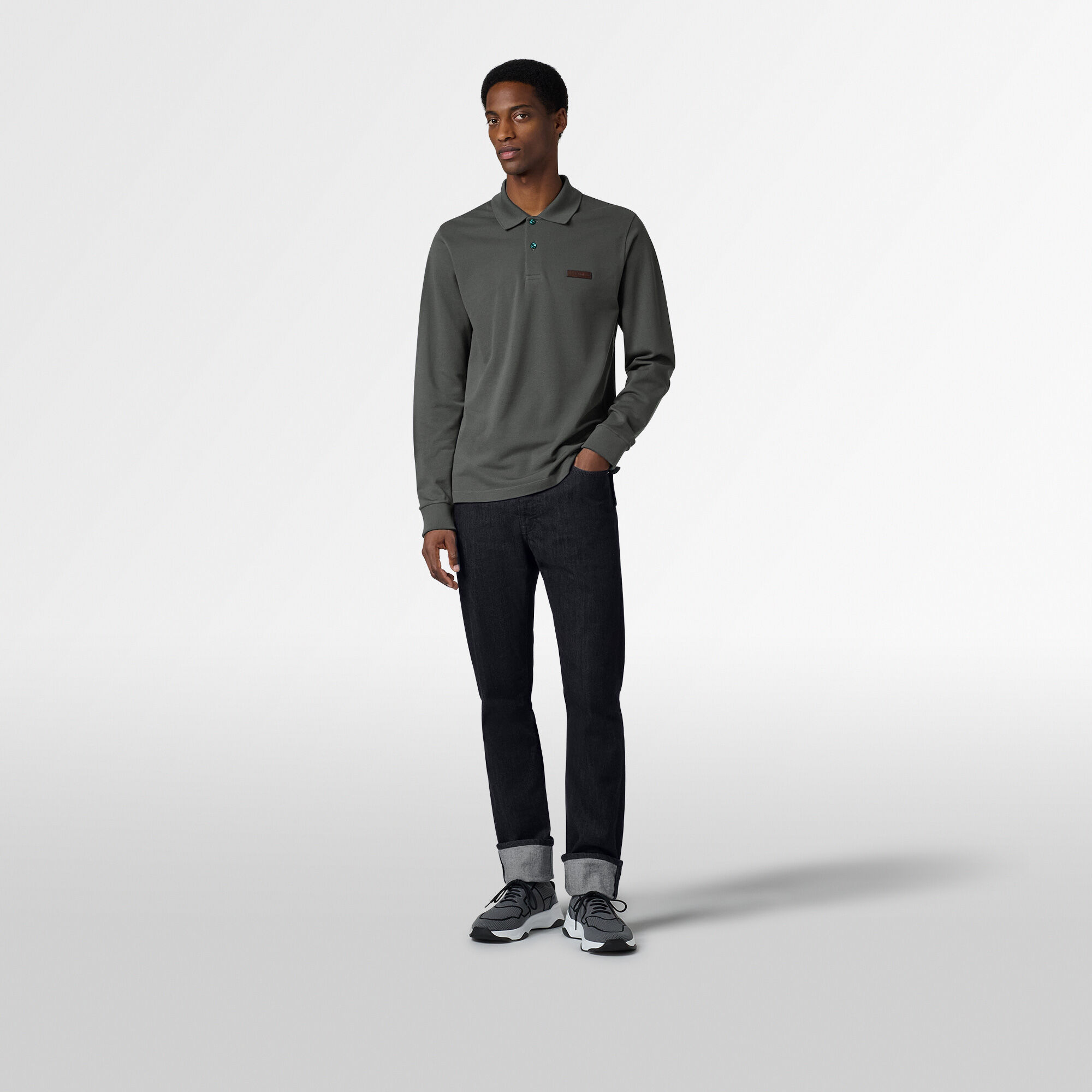Classic Pique Leather Tab Long Sleeves Polo | Berluti US