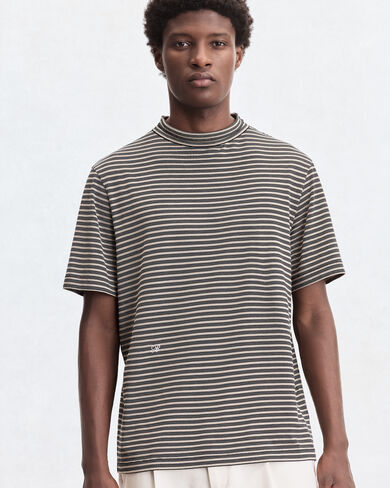 ストライプ モックネック Tシャツ, Stripes Black & Taupe, hi-res