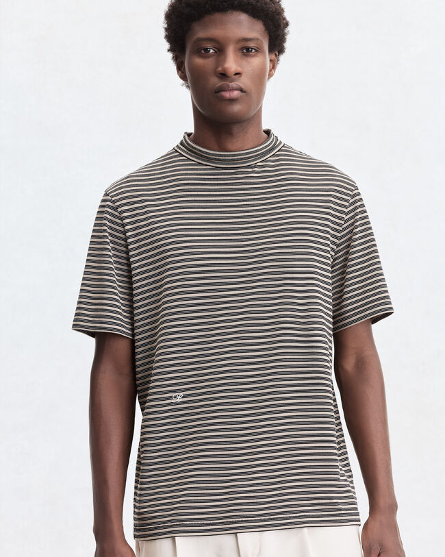 Mock-Neck T-Shirt with Stripes, Stripes Black & Taupe, hi-res