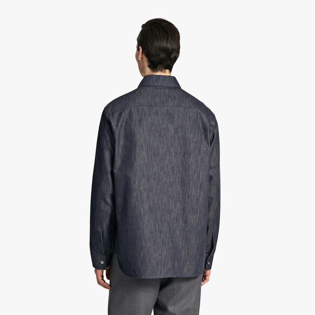 Cotton And Cashmere Denim Overshirt With Leather Details, DARK BLUE DENIM, hi-res 3