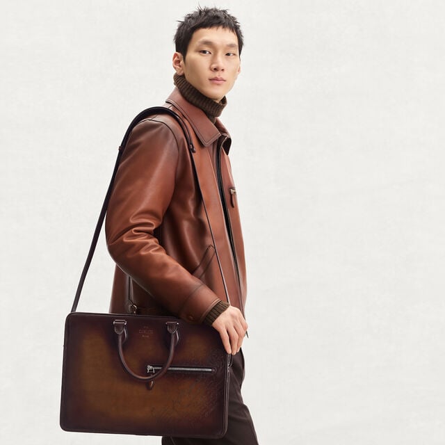 Un Jour Scritto Leather Briefcase, CACAO INTENSO, hi-res 2