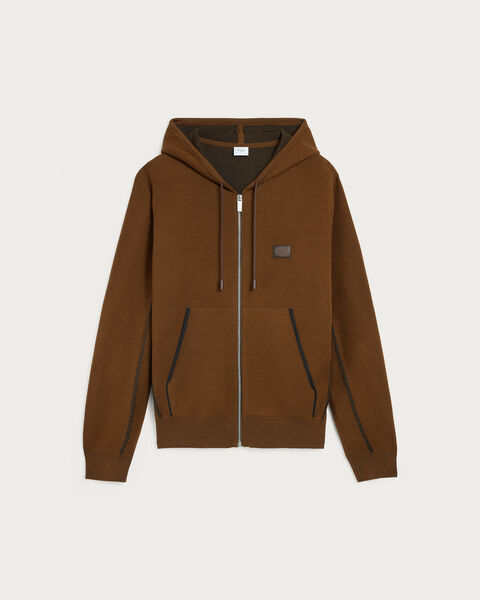 Shadow Zipped Hoodie with Leather Details, Toffee Camel, hi-res
