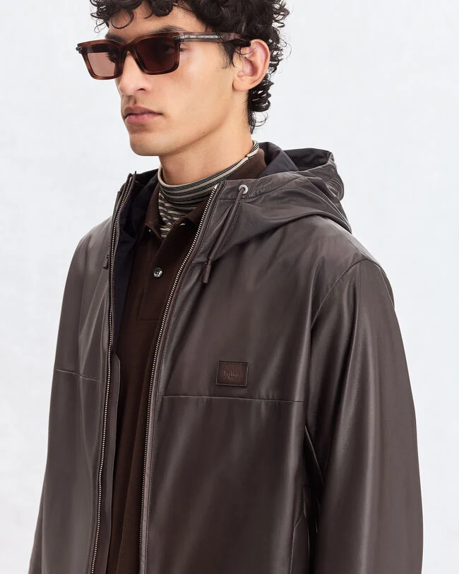 Blouson &agrave; Capuche en Cuir Fly Ultral&eacute;ger, Chocolate Brown, hi-res