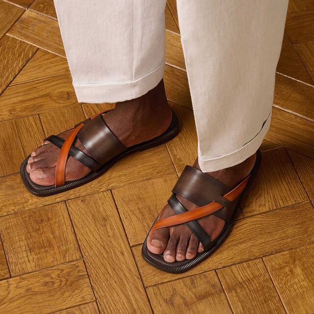 Icaria Venezia Calf Leather Sandal, MARRONE INTENSO + ARANCIO VERM, hi-res 3