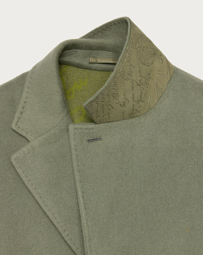 Double Face Coat with Leather Details, Kaki & Internal Giant Scritto, hi-res