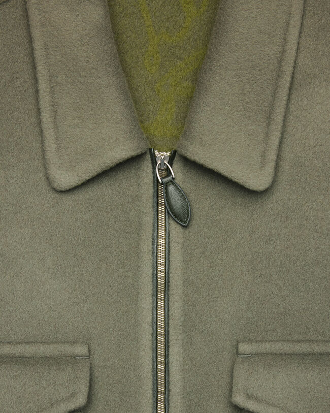 Double Face Zipped Overshirt with Leather Detail, Kaki & Internal Giant Scritto, hi-res