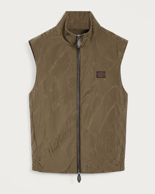 Scritto Pattern Gilet with Leather Details, Kaki, hi-res