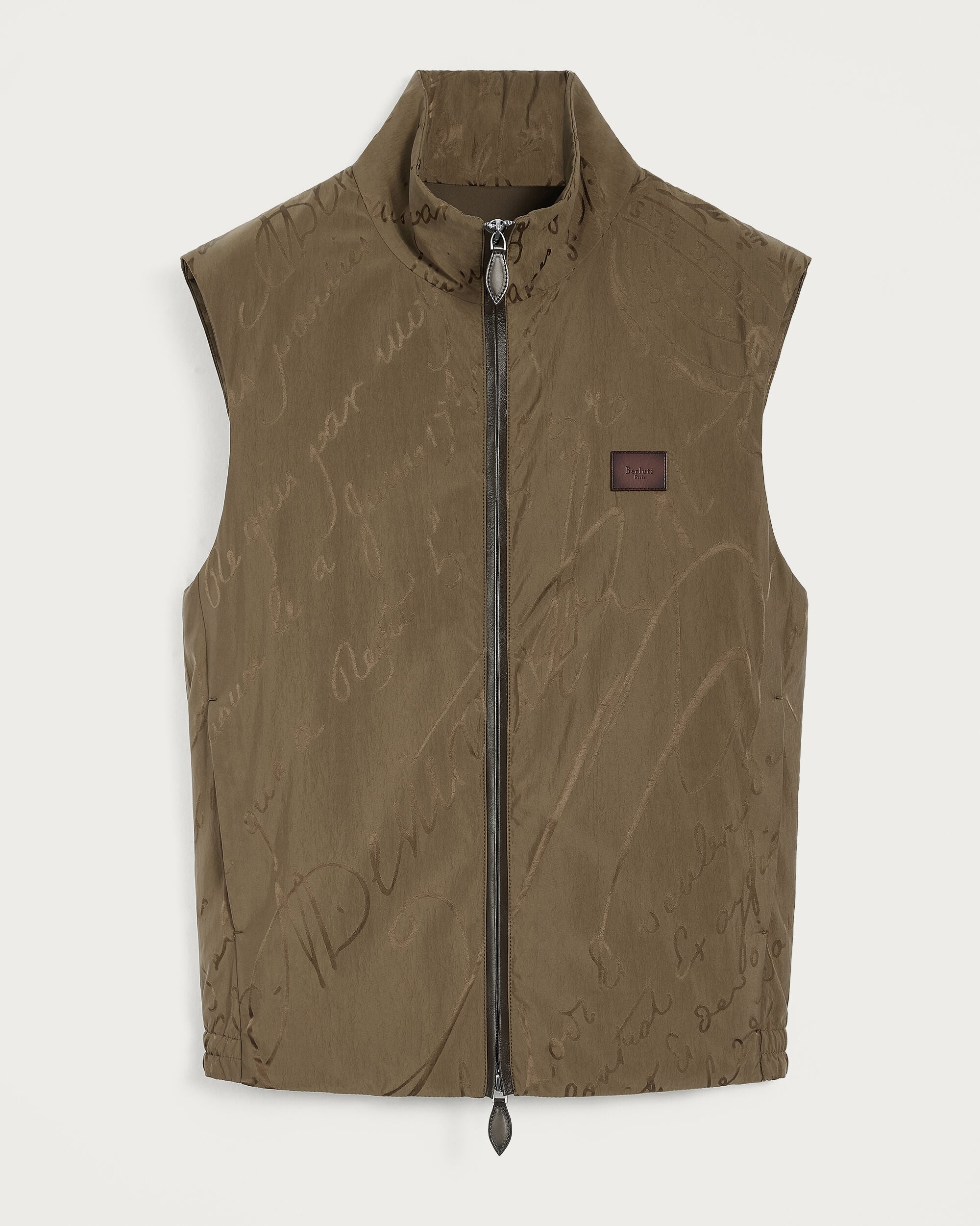 Scritto Pattern Gilet with Leather Details, Kaki, hi-res