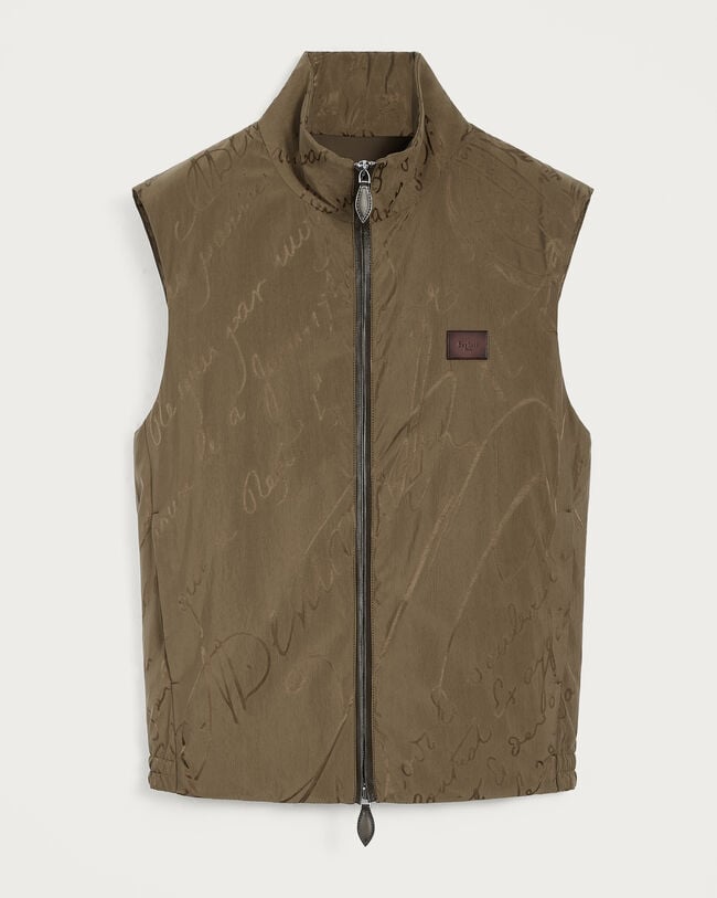 Scritto Pattern Gilet with Leather Details, Kaki, hi-res