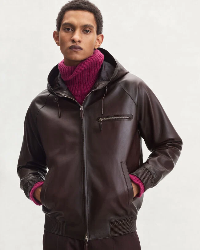 Leather Patina Un Jour Hooded Blouson, Fondant, hi-res