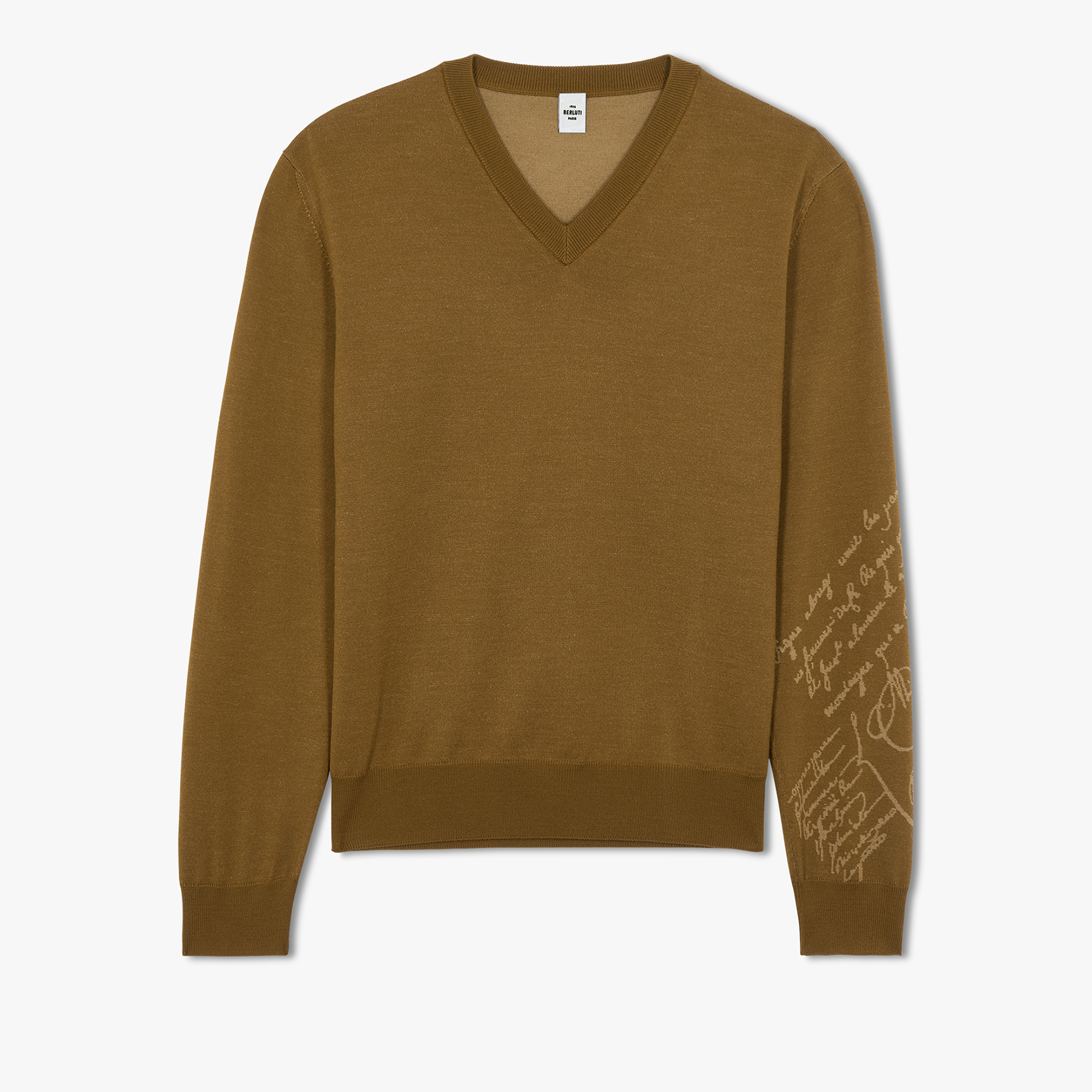 Wool V-Neck Sweater With Placed Scritto, OLIVE, hi-res