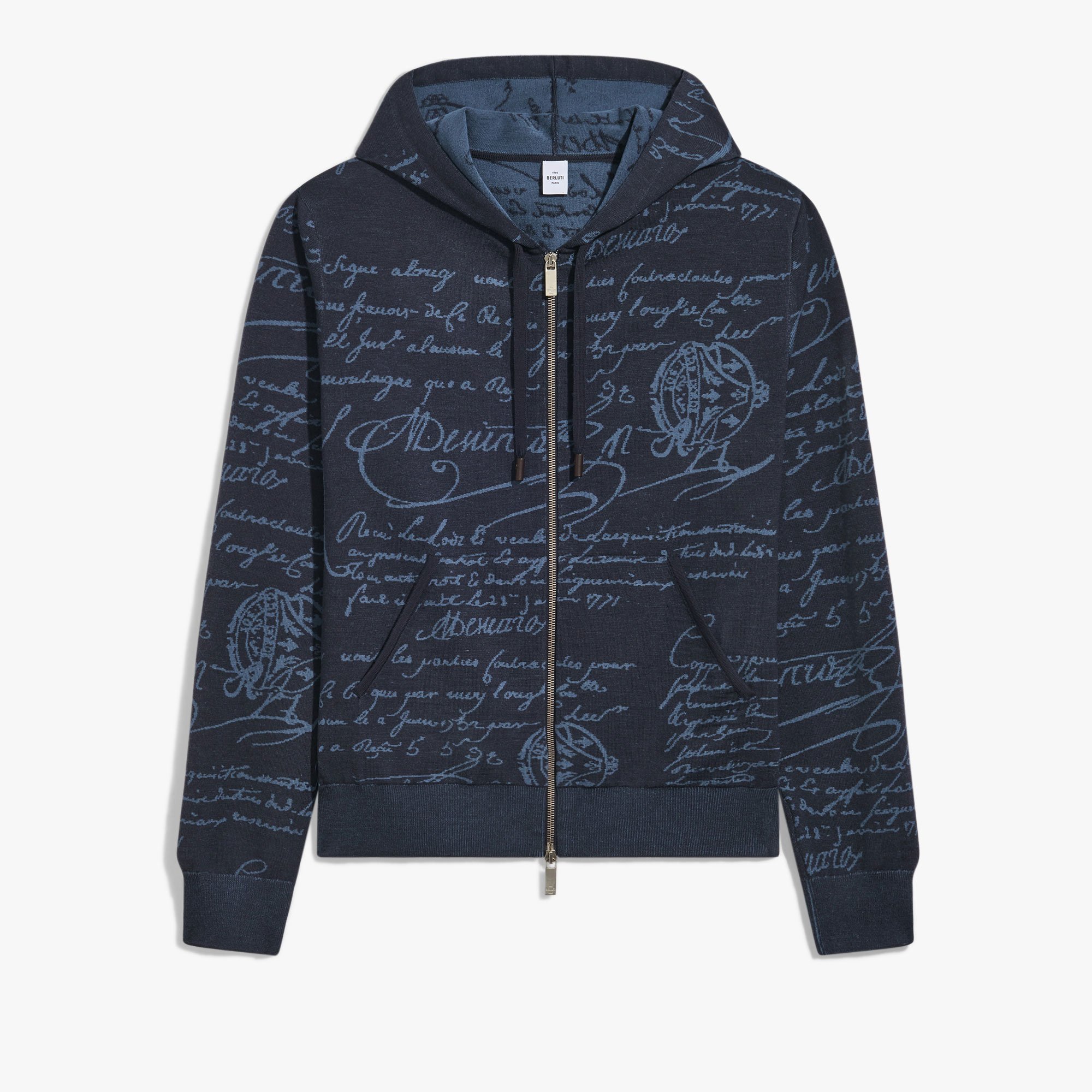 Sweat A Capuche Zippé en Laine Scritto, GREYISH NAVY, hi-res