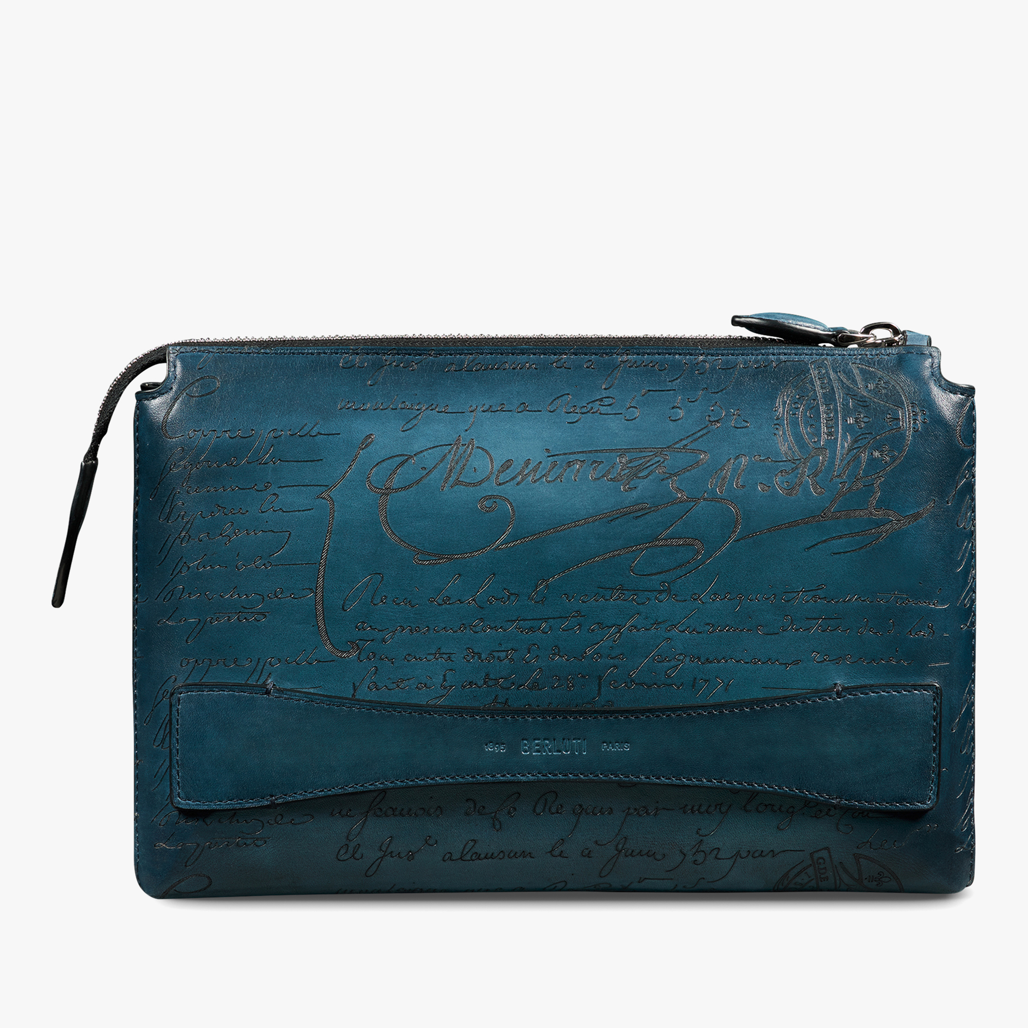 Pochette Zippée Tersio En Cuir Scritto, STEEL BLUE, hi-res