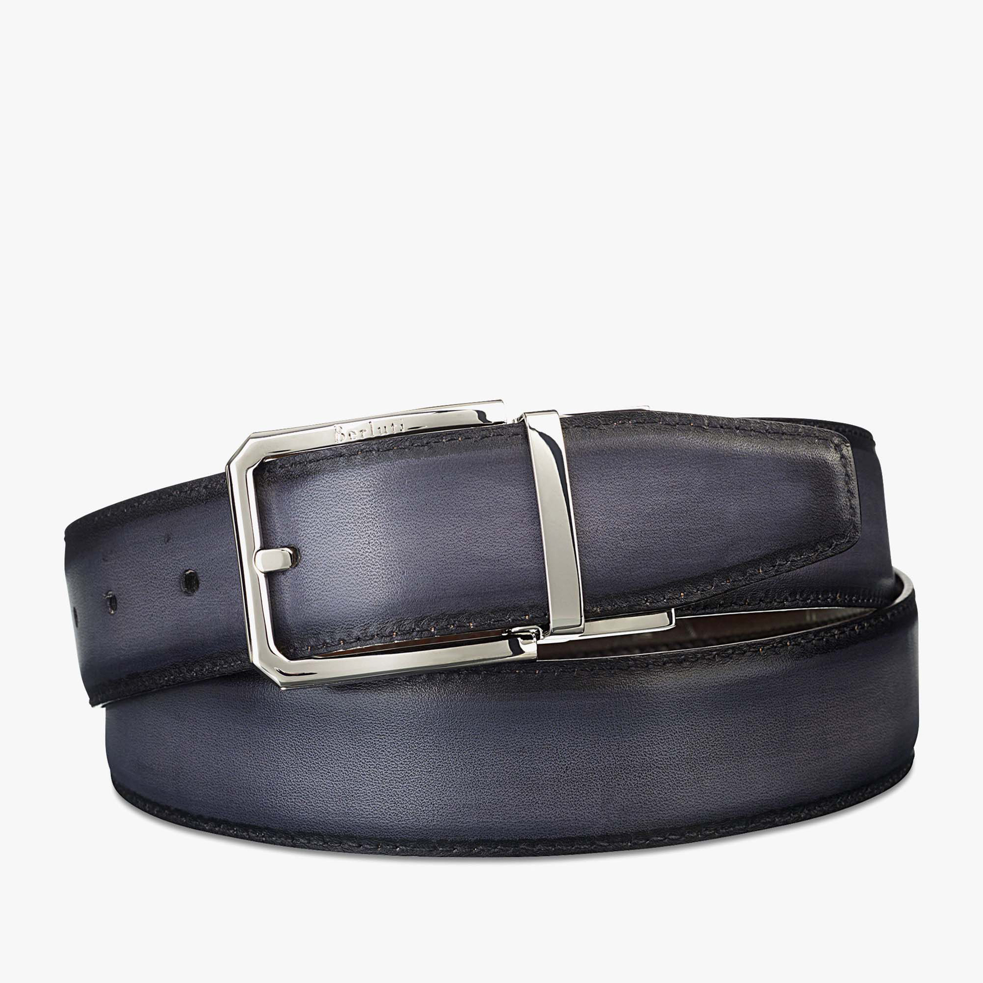Versatile Reversible Scritto Leather Belt - 35 mm, NERO & TOBACCO BIS, hi-res