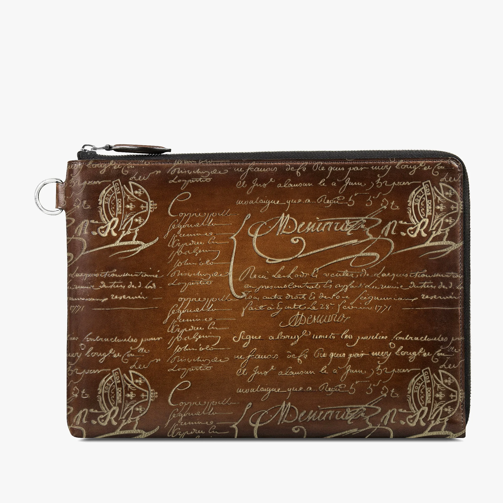 Nino GM Scritto Leather Clutch, CACAO INTENSO + GOLD, hi-res