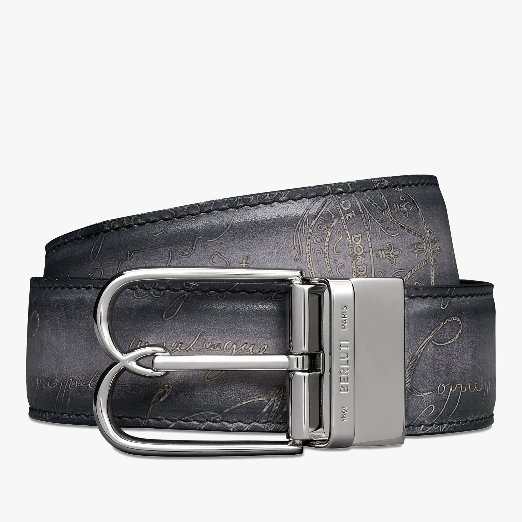 B Volute Scritto Leather 35MM Reversible Belt, CHARCOAL BROWN + LIGHT ALUMINIO, hi-res