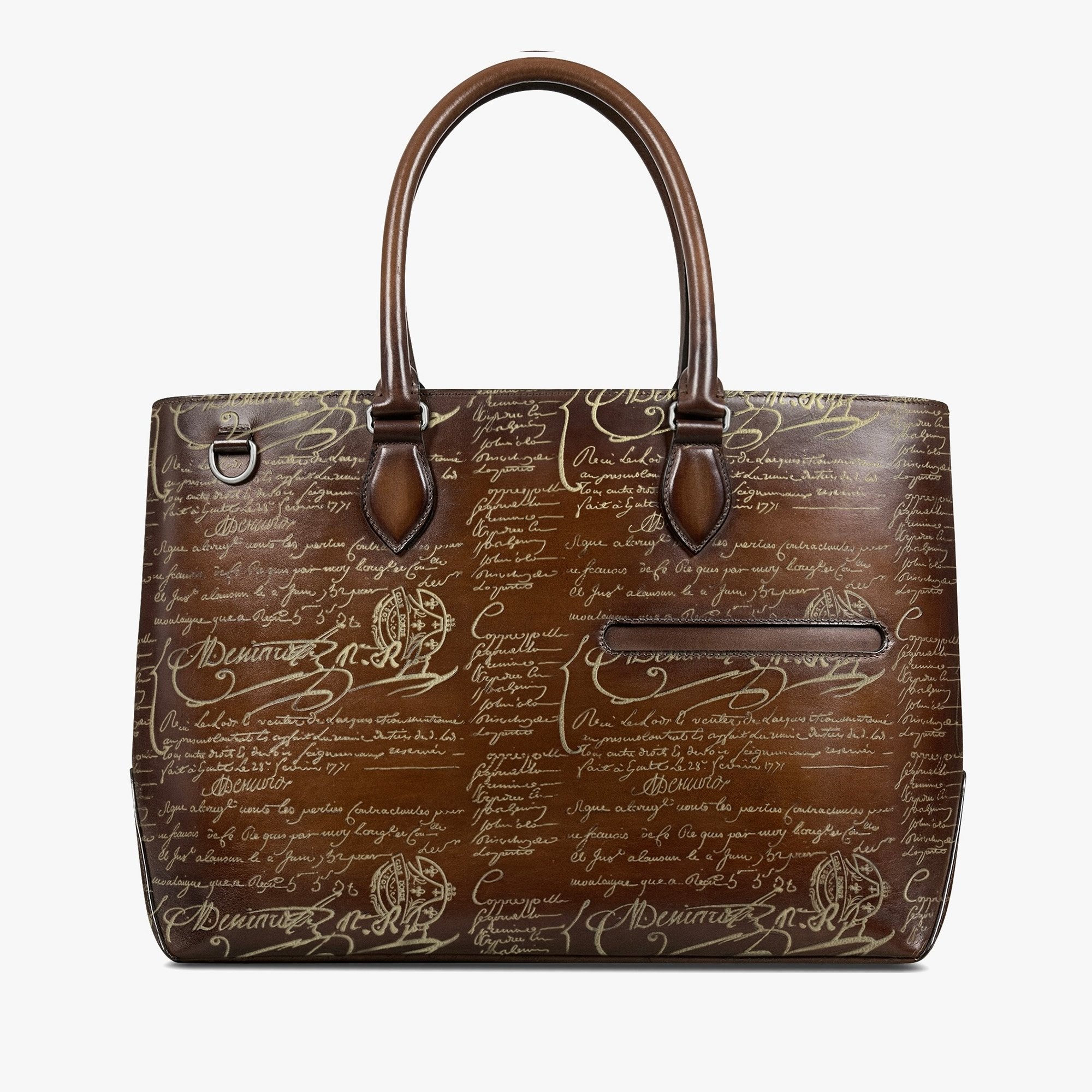 Toujours Scritto Leather Tote Bag, CACAO INTENSO + GOLD, hi-res