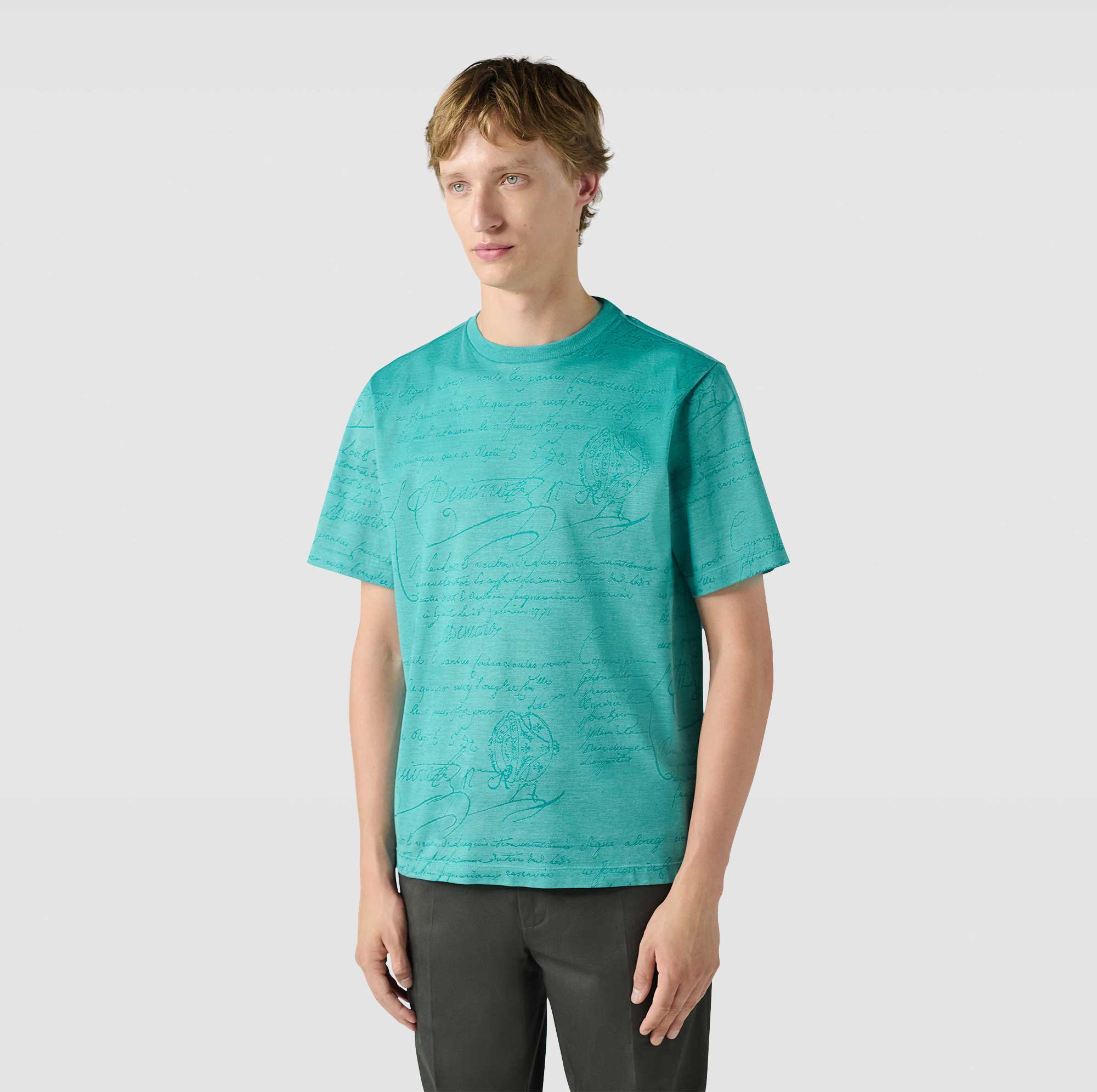 【Berluti】スクリット ピケ Tシャツ AQUA GREEN 送料関税込 R26JRS102-002_scritto-pique-t-