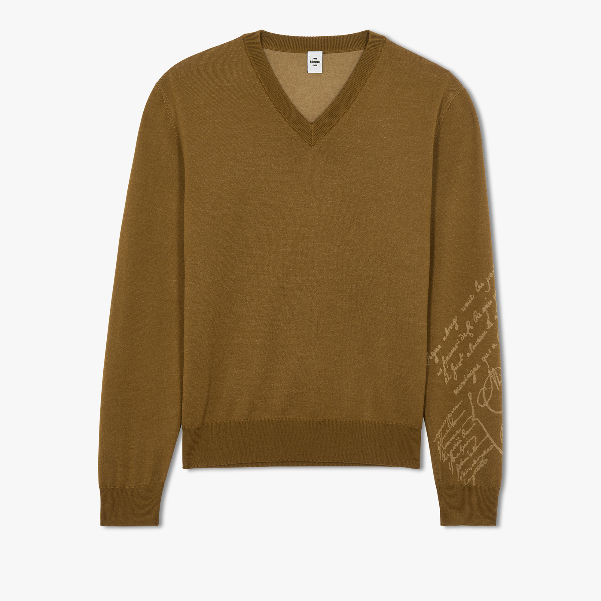 Pull Col V En Laine Avec Scritto, OLIVE, hi-res