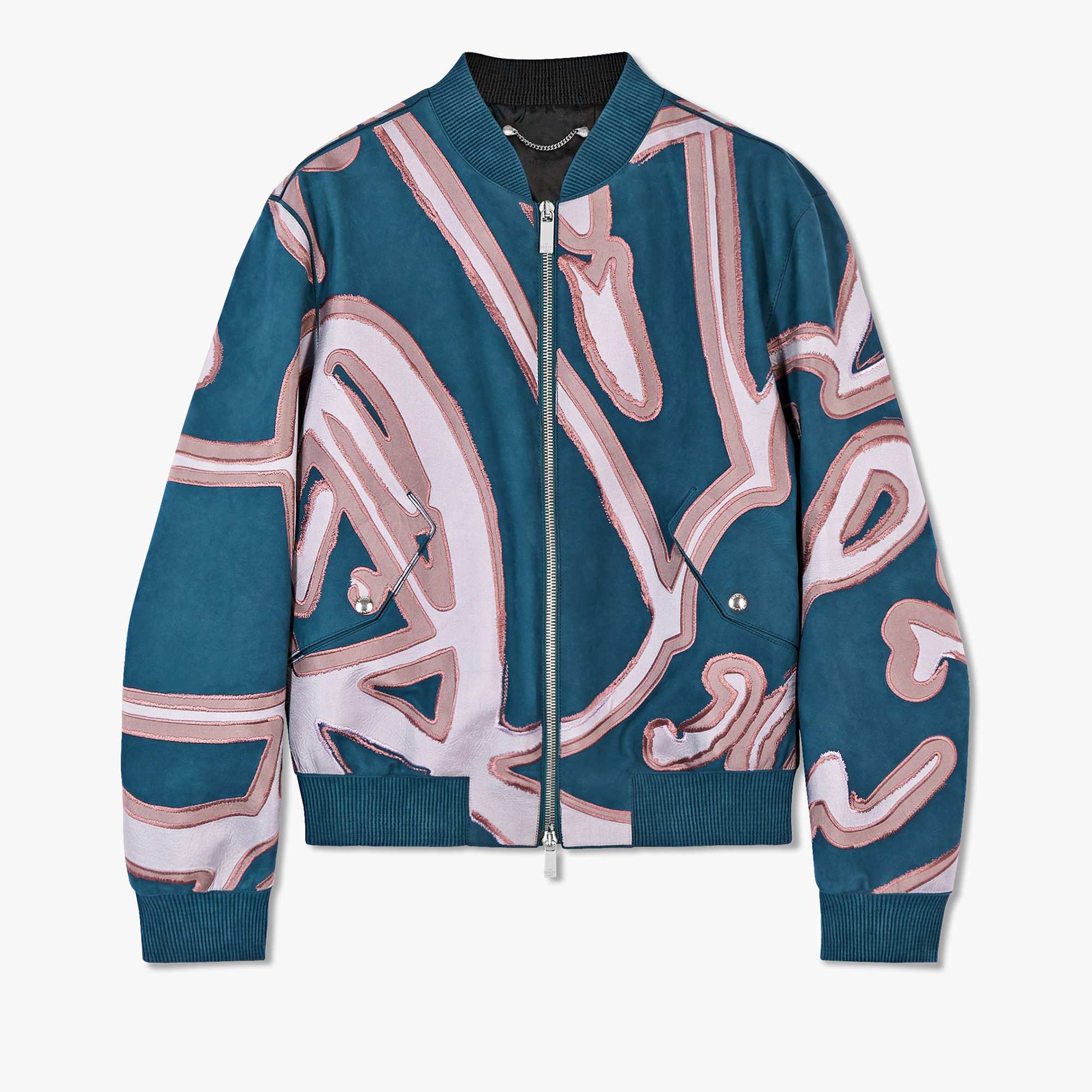 Nubuck Leather Bomber With Embroidered Silk Giant Scritto, BLUE EMERALD, hi-res